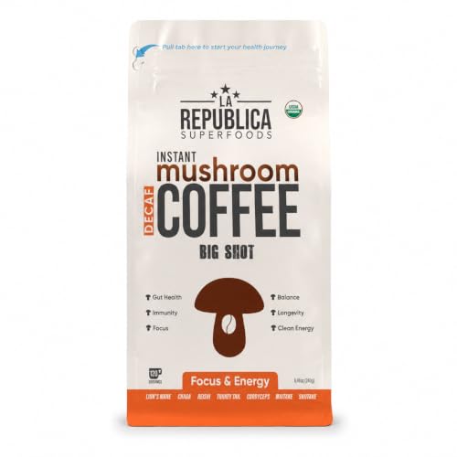 La Republica DECAF Organic Mushroom Coffee (35 Servings) with 7 Superfood Shrooms, Great Tasting Instant Mix Includes Lion's Mane, Reishi, Chaga, Cordyceps, Shiitake, Maitake, and Turkey Tail (Decaffeinated)