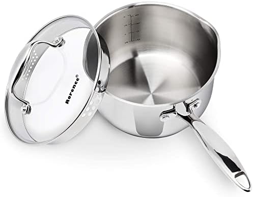 Rorence 3.7 Quart Stainless Steel Induction Sauce Pan with Lid | Stainless Steel Pot Saucepan with Pour Spout & Glass Lid with Strainer