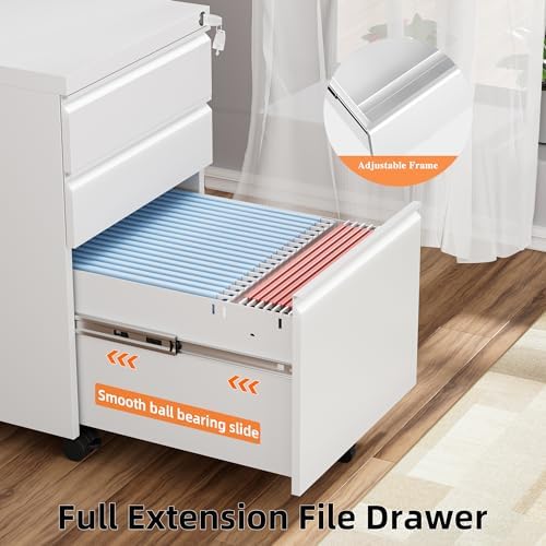 3 Drawer Filing Cabinet with Lock, White Mobile File Cabinet with Wheels, Rolling Small Metal Cabinets Under Desk for Home Office, Assembled