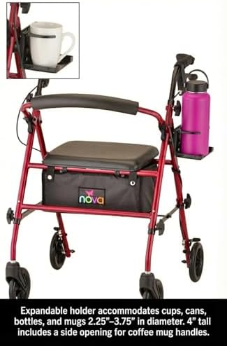 NOVA Adjustable Cup Holder for Walkers, Rollators & Wheelchairs – Folding Drink Holder Fits 3/4”, 7/8” & 1” Tubes, Holds 2.25”–3.75” Cups, Durable, Easy Install