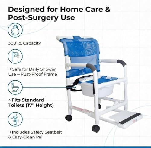 Rolling Shower Chair with Wheels & Drop Arms, Mesh Seat, 4 Locking Casters, Seat Belt, Sliding Footrest, Commode Pail – Fits Over Toilet