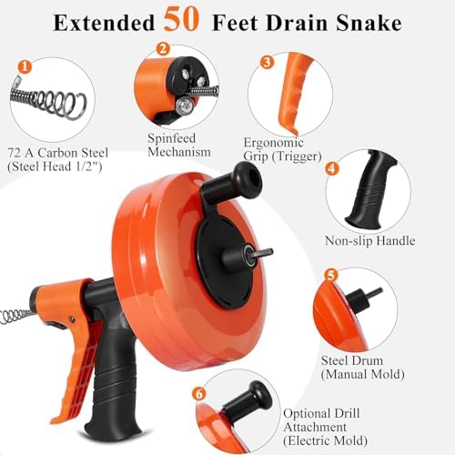 50 FT Drain Auger/Snake with Auto-Feed, Heavy Duty Plumbing Snake | Drill-Compatible Sewer Snake Tool & Flexible Steel Cable