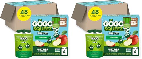 GoGo squeeZ No Sugar Added Applesauce, Apple Apple, 3.2 oz, 48 Count | Kids on the go fruit snack made with applesauce & fruit puree; 3.2 oz pouches, gluten and nut free, recloseable cap, BPA-free