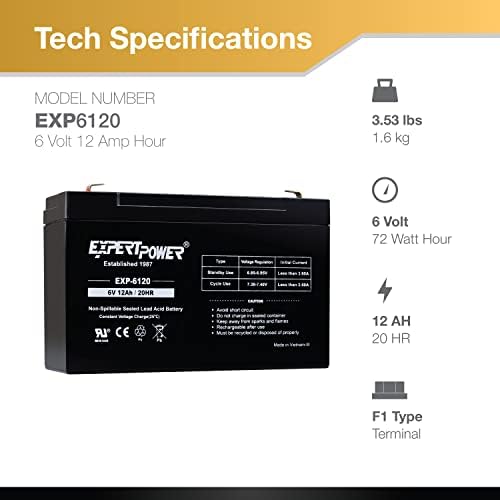 ExpertPower EXP6120 6V 12Ah - SLA AGM 6V Battery for Emergency Light, Deer Feeder, Solar Storage, Electric Scooters, 6 Volt Battery Rechargeable