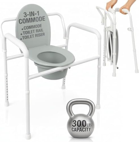 Vive Bedside Commode Toilet Chair (Folding) - 350 lb Capacity, Safety Rail, Shower Chair - 3 in 1 Heavy Duty Bariatric Bucket with Padded Arms