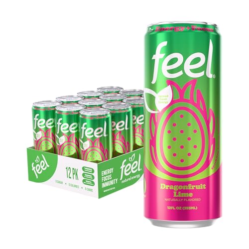 FEEL Variety Pack – Zero Sugar Sparkling Energy Drink – 3 Flavor Assortment, 140mg Plant-Based Caffeine from Green Coffee Beans + L-Theanine – Vitamin C, Vegan, Non-GMO – 12 Pack (12 Fl Oz Cans)