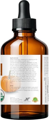 velona Pumpkin Seed Oil USDA Certified Organic - 4 Fl Oz | 100% Pure and Natural Carrier Oil | Unrefined, Cold Pressed | Cooking, Face, Hair
