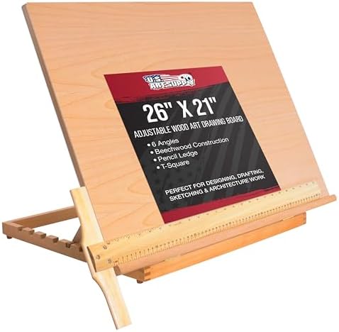 U.S. Art Supply X-Large 26" x 21" Wooden Drawing Board, Adjustable Table Top Easel for Painting and Drawing - Drafting Board with T-Square