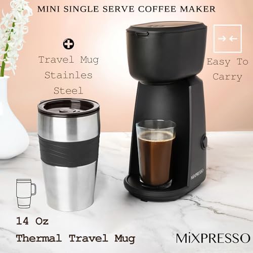 Mixpresso Single Serve & Single Cup Coffee Maker with 14oz Travel Mug Black | For ground coffee only, reusable filter, auto shut off. Compact personal drip coffee maker, not compatible with K-Cup pods.