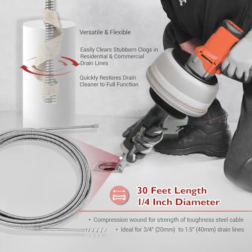 Replacement Drain Snake Cable Compatible with Ridgid K-45 & K-45AF Auto-Spin Drain Augers, 21338 Inner Core Cable, 30 Ft x 1/4 in