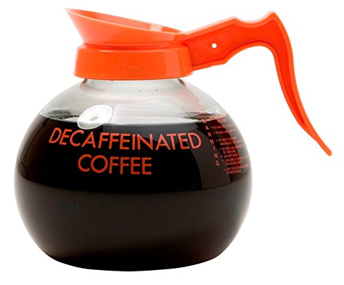 Wilbur Curtis Commercial Coffee Decanter - Impact Resistant - Orange Handle & White Imprint Logo - 64 Ounce Decaf Coffee Decanter - (Each)