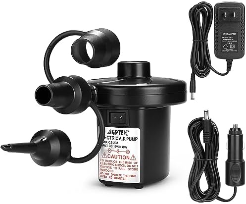 AGPTEK Electric Air Pump for Inflatables, 110V AC &12V DC Inflator Deflator | 4.5kPa Quick-Fill, 3 Nozzles, Portable Air Pumps for Outdoor Camping