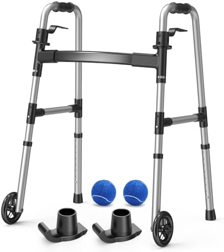 Loyoda Folding Walker with Basket and Glide Skis, 5" Wheels, Lightweight | Standard Walker for Seniors and Adults, Offers 8 Height Adjustments (31"-38"), Supports up to 350 lbs