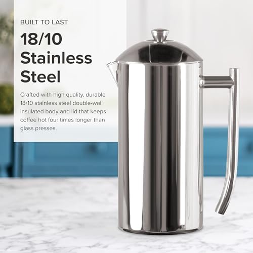 Frieling Double-Walled Stainless Steel French Press Coffee Maker - 36 oz Polished & Insulated Press Pot - Stainless Steel Coffee Maker