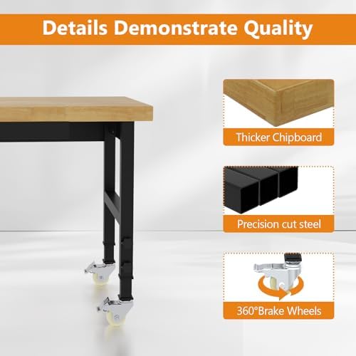 48" Heavy Duty Work Bench with Drawers, Adjustable Height Workbench with Wheels, 2000 LBS Capacity Work Table with Power Outlets for Garage, Workshop, Office, Home