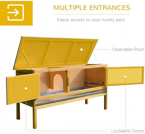 PawHut Wooden Rabbit Hutch Bunny Cage Openable Waterproof Roof for Rabbits | No Leak Tray, Solid Fir Wood Build, for Chickens, Ducks, Indoor/Outdoor