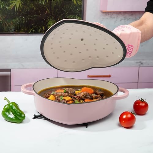 Paris Hilton Enameled Cast Iron Dutch Oven Pot with Lid, Heart-Shaped Dutch Oven, Durable Cast Iron Pot with Dual Handles, Oven Safe to 500°F, Works on All Stovetops, 2-Quart, Cream
