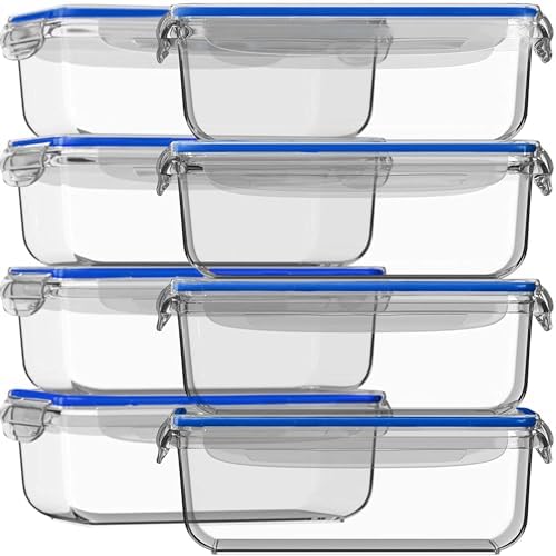 Razab 16 Pc (Set of 8) 30 Oz Glass Meal Prep Containers with Lids, Airtight Large Glass Food Storage Containers, Reusable Leak Proof BPA Free, Freezer to Oven and Dishwasher Safe