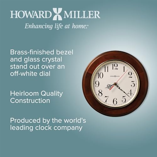 Howard Miller Brentwood Wall Clock – Wood Finish, Brass Bezel, Silent Quartz Movement, Round, Battery Operated, Home or Office Decor
