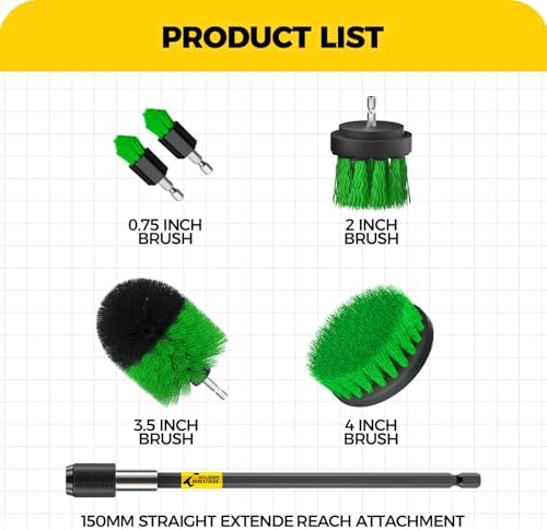 Holikme 6Pc Drill Brush Set - Soft Bristles with Extension for Home Clean | 5 Head Sizes, Yellow Nylon Fibers, Power Scrubber Attachments for Tile, Tub, Shower, Floors, Kitchen and Auto Interior Care