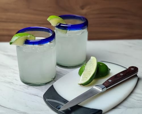 Hand Blown Mexican Drinking Glasses - Set of 6 Tumbler Glasses with Cobalt Blue Rims (10 oz each)