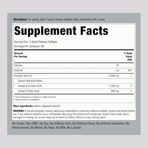 Piping Rock Pumpkin Seed Oil Softgel Capsules | 200 Count | Cold Pressed Herbal Supplement | Extra Virgin with Omega 6 and 9 | Non-GMO, Gluten Free