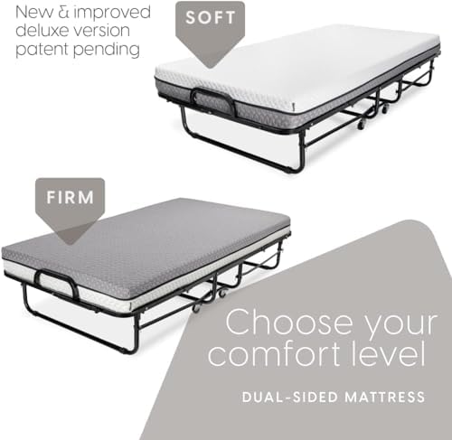 Milliard Deluxe Diplomat Folding Bed with Mattress for Adults, Twin Size, Portable Foldable Bed with Luxurious Memory Foam Mattress & Super Strong Frame, 75” x 38", Fold Up, Roll Away, & Hideaway