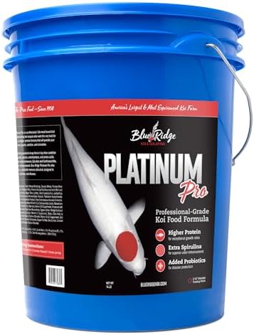 Blue Ridge Koi Platinum Pro 41% Protein Fish Food, 3/16" Pellets, 4.5 lb | Floats, softens fast; Spirulina & Canthaxanthin color support; probiotic-enriched; warm-season formula
