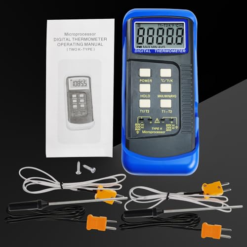 Thermocouple Thermometer Digital K Type Dual Channel Thermometer HVAC Temperature Meter with 4 Thermocouples, MAX/MIN/AVG Temperature Measurement