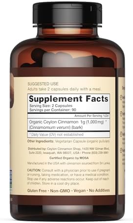 Organic Ceylon Cinnamon Capsules, USDA Certified Supplement - 90 Count | Premium Grade, True Sri Lankan Variety, Cinnamomum Verum, All-Natural, Non-GMO, Gluten Free, Made in the USA (GMP)