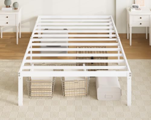 Allewie Full Size Bed Frame, 14 inch Metal Platform Beds with Storage Space, No Box Spring Needed and Easy Assembly, White