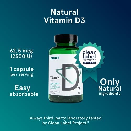 Puori Vitamin D3 Softgels for Adults, 2500 IU (62.5 mcg), 120 Count | Fast Absorbing Supplement Supports Immune System, Bone Health