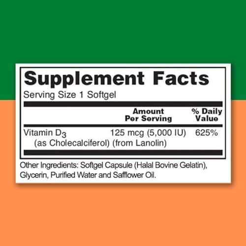 Zaytun Halal Vitamin D3 5000 IU, 6 Months Supply, Supports Bones, Healthy Muscle Function & Immune, Premium Vitamin D from Safflower Oil, Non-GMO