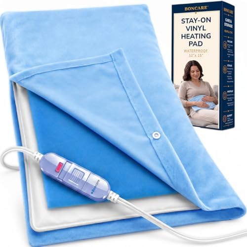 Boncare® Stay-On Small Vinyl Electric Heating Pad for Neck and Shoulders and Back Without Auto-Off, Low & High Heat Levels, Waterproof Hot Heat Pad with Washable Cover (12"x15", 1-Pack)