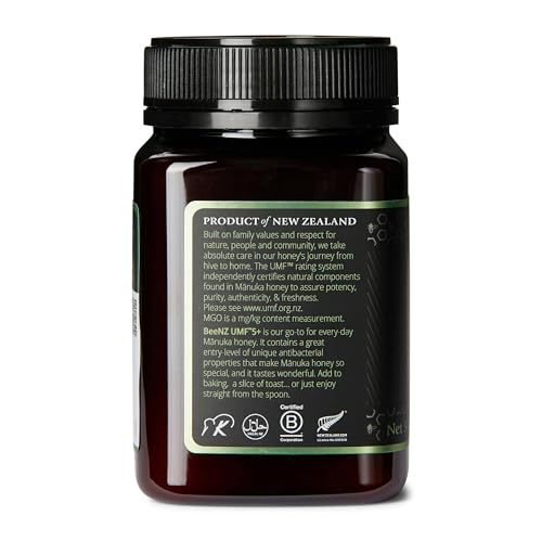 BeeNZ Raw Mānuka Honey, Certified UMF 5+ (MGO 83+), Pure New Zealand Monofloral Mānuka, Natural Sweetener, Superfood for Daily Wellness Support, No Sugar Added, Traceable from Hive to Jar, 17.6 oz/500g
