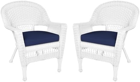 Jeco Wicker Chair with Blue Cushion, Set of 2, White/W00206-