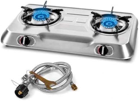 XtremepowerUS Double Burner Propane Stove, 25, 516 BTU Outdoor Camping Cooktop with Auto Ignition, Portable Stainless Steel LPG Gas Stove for Camping