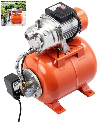 1HP Stainless Steel Water Transfer Pump with Well Pressure Tank – Shallow Well Pump & Irrigation Pump Combo, 130ft Max Lift, 20ft Suction Lift, Automatic Pressure Switch for Farm Use