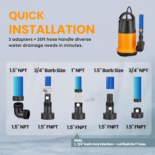 Sump Pump Submersible With 25Ft. Hose, Submersible Pump, 25Ft Cord, 4000GPH | 1.5HP Water Pump Submersible With 25ft. Hose Kit, Utility Pump