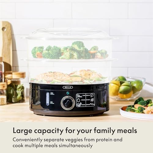 BELLA Two Tier Food Steamer with Stackable Baskets & Removable Base for Fast Simultaneous Cooking - Auto Shutoff & Boil Dry Protection, 7.4 QT, Black