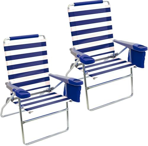 Rio Brands 17" Extended Height 4-Position Folding Beach, Camping, Lawn Chair, Blue/White/Green