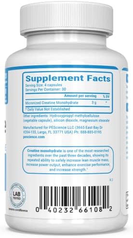 PEScience TruCreatine Creatine Monohydrate Pills, Creapure, 120 Capsules | Easy-To-Take Creapure Creatine Capsules, Monohydrate, For Men & Women