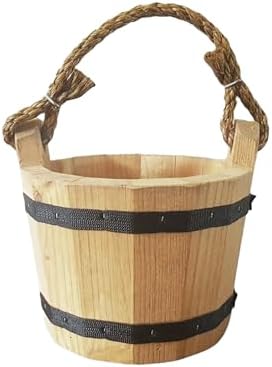 GOOD WOOD - Wooden Bucket 6" x 8" Water Wishing Well Pail with Rope Twine Handle Solid Wood Vintage Style Primitive Planter - Made in the USA