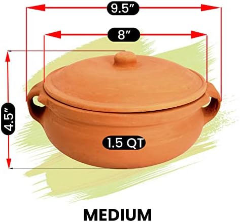 Ancient Cookware, Indian Clay Curry Pot, Medium, 8 Inch, 1.5 Quarts
