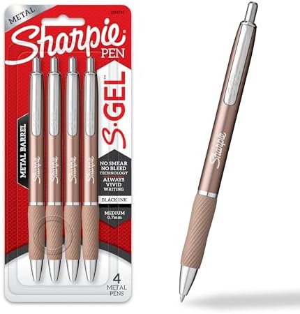 Sharpie S-Gel, Gel Ink Pens, Medium Point (0.7mm), Sleek Metal Barrel, Champagne, Black Ink, 4 Count - Drawing, Journaling, Writing, School