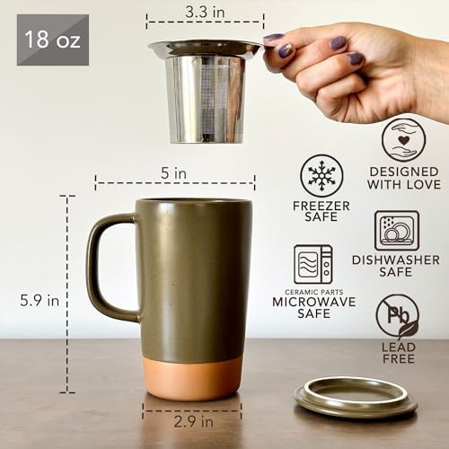 Mora Ceramics Large Tea Mug with Loose Leaf Infuser and Ceramic Lid, 18 oz, Portable, Microwave and Dishwasher Safe