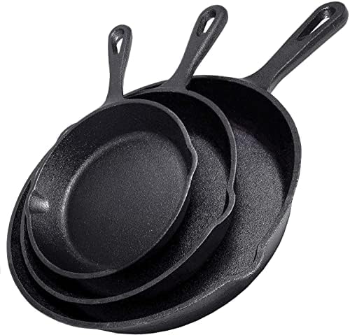 Cast Iron Skillet 3-Piece Set w/Cookbook - Heavy-Duty Professional Restaurant Chef Quality Pre-Seasoned Pan Cookware - 10", 8", 6.25" Pans - For Frying, Saute, Cooking, Pizza - Black