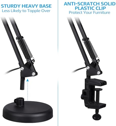 TORCHSTAR Metal Desk Lamp, Adjustable Swing Arm, E26, Black | Architect Gooseneck Multi-Joint Clip Table Lamp with Plastic Clamp, for Home Office, Work, Study, Reading, Bulbs not Included