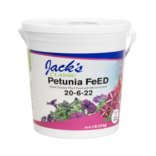 Jack's Classic 20-6-22 Petunia Feed Water-Soluble Fertilizer, 4lb | Powdered, Targeted Micronutrient Package, Promotes Lush Green Iron-Loving Plants and Annuals, Liquid Root & Foliage Feeding