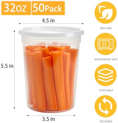 Lawei 50 Pack 32 oz Deli Containers with Lids - Leak-Proof Plastic Food Storage for Meal Prep, Soup and Leftovers - Microwave